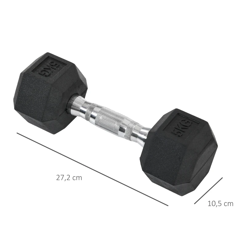 HOMCOM hexagon dumbbells set van 2 gietijzeren dumbbells handvat gekartelde dumbbell set dumbbell set gewichten metaal rubber zwart 2 x 5 KG(m-3)
