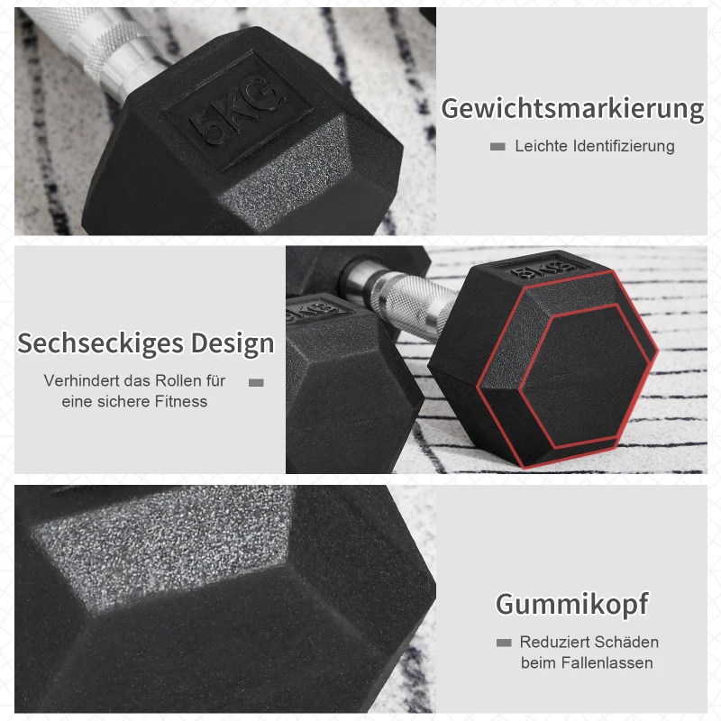 HOMCOM hexagon dumbbells set van 2 gietijzeren dumbbells handvat gekartelde dumbbell set dumbbell set gewichten metaal rubber zwart 2 x 5 KG(m-4)