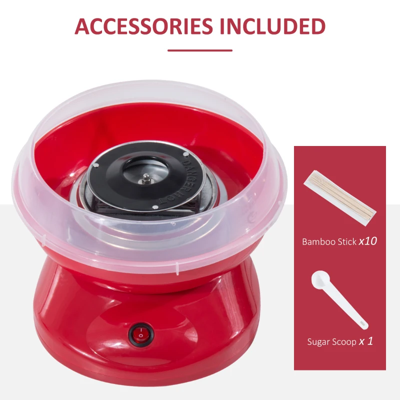 HOMCOM Aparat pentru Vată de Zahăr 450W din PP, Inox și Aluminiu 27x26x18 Roșu