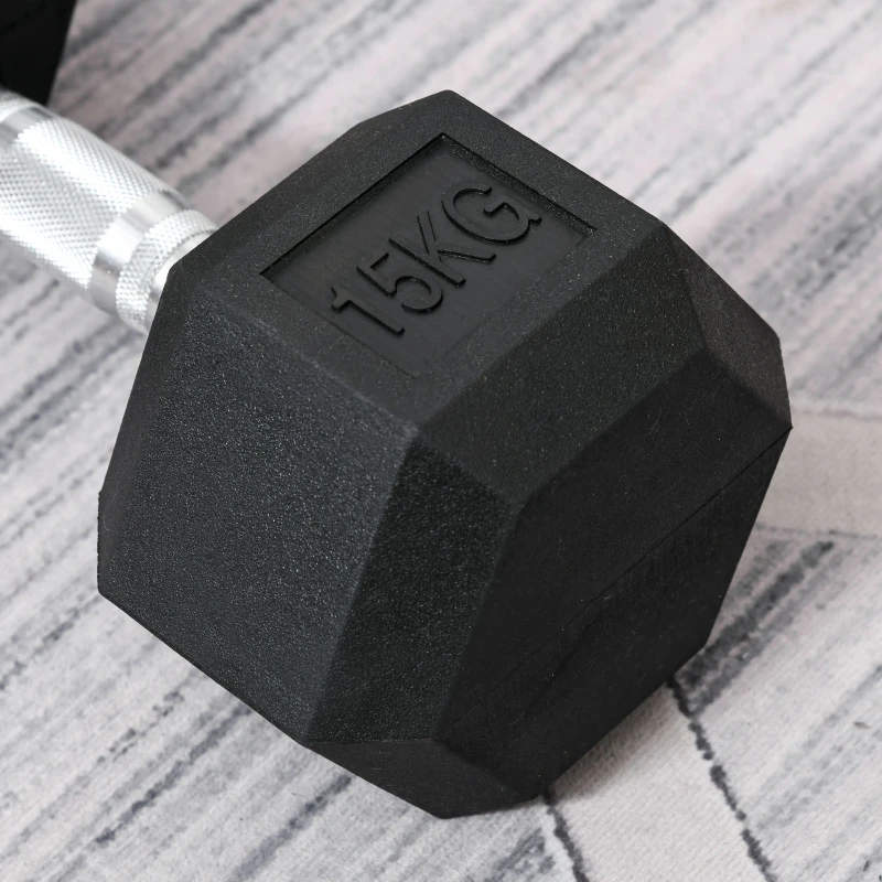 HOMCOM hexagon dumbbell gietijzeren dumbbell rubberen dumbbell handvat gekartelde gewichten metaal rubber zwart 1 x 15 KG(m-8)