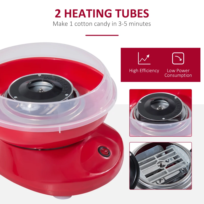 HOMCOM Aparat pentru Vată de Zahăr 450W din PP, Inox și Aluminiu 27x26x18 Roșu