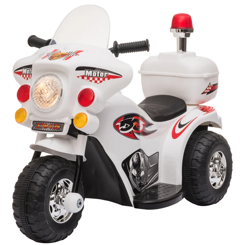 HOMCOM Moto Elettrica 6V per Bambini 18-36 Mesi con 3 Grandi Ruote, Luci e Suoni Realistici, Bianco, 80x35x52cm