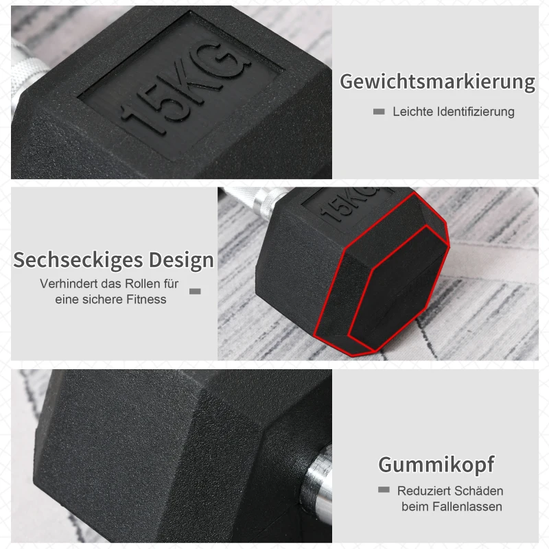HOMCOM hexagon dumbbell gietijzeren dumbbell rubberen dumbbell handvat gekartelde gewichten metaal rubber zwart 1 x 15 KG(m-4)