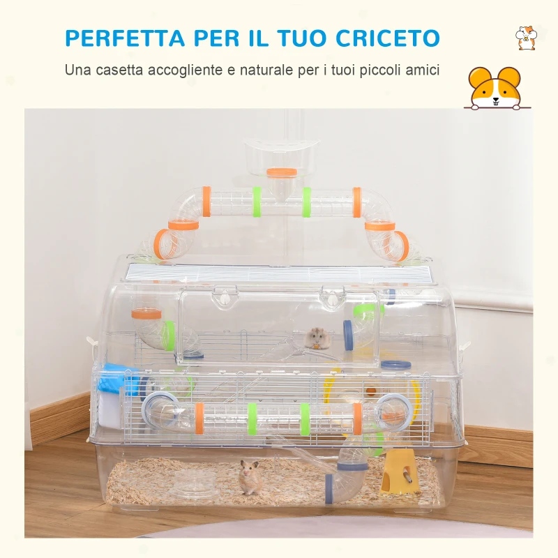PawHut Gabbia per Criceti Multilivello con Tubi Φ6cm, Casetta per Criceti con Tetto apribile e Accessori Colorati in Plastica Trasparente 70L x 45P x 44Acm