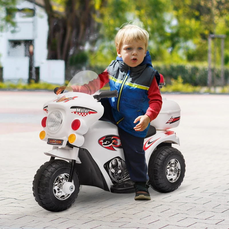 HOMCOM Moto Elettrica 6V per Bambini 18-36 Mesi con 3 Grandi Ruote, Luci e Suoni Realistici, Bianco, 80x35x52cm