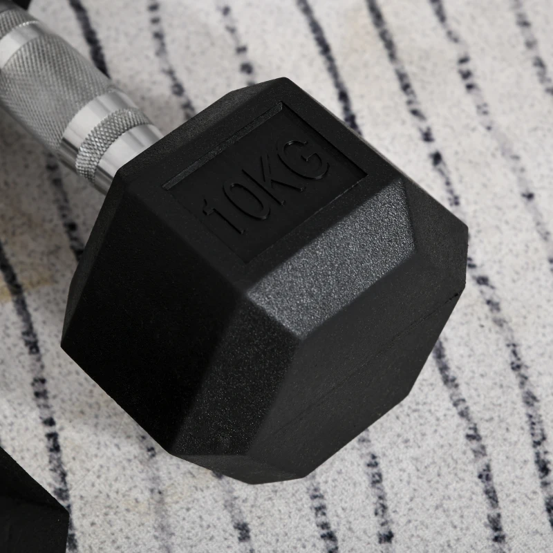 HOMCOM Dumbbells 10 KG Hexagon Dumbbell Set Rubber Hexagon Dumbbells Zwart(m-9)