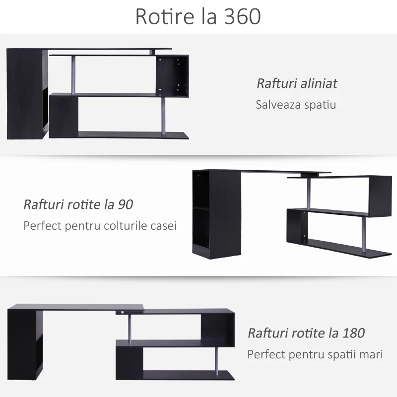 Homcom Birou L cu Rafturi 360° – Lemn Negru, Modern & Practic