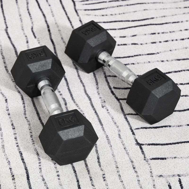 HOMCOM hexagon dumbbells set van 2 gietijzeren dumbbells handvat gekartelde dumbbell set dumbbell set gewichten metaal rubber zwart 2 x 5 KG(m-10)