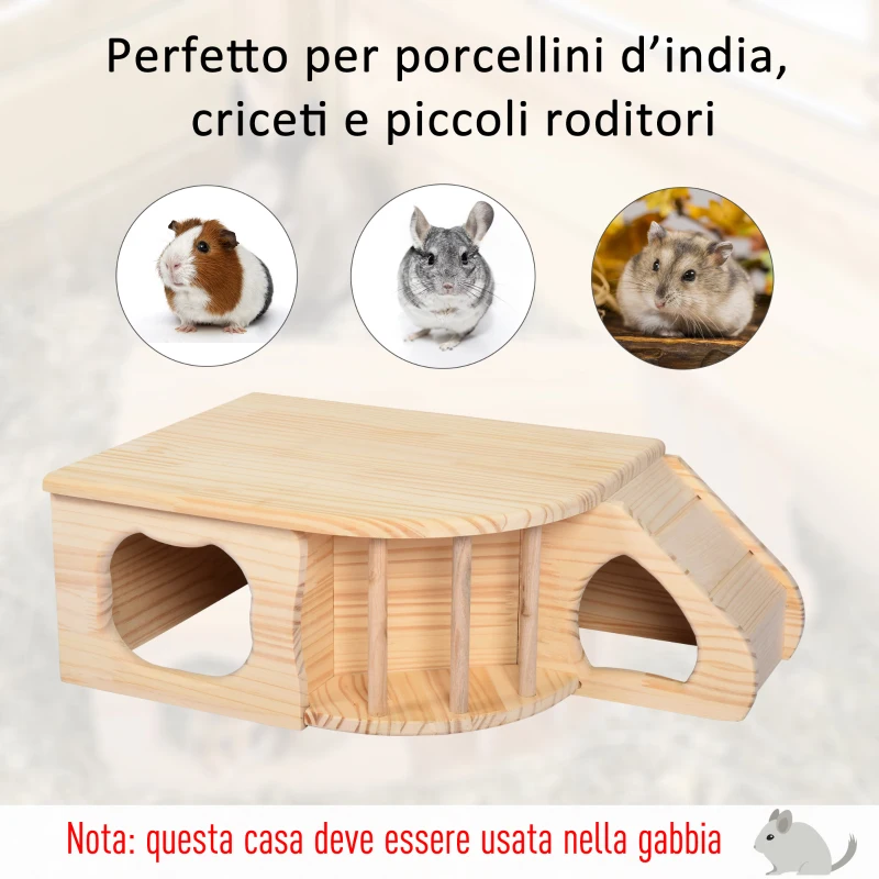 PawHut Casetta Gioco per Roditori e Piccoli Animali in Legno di Abete Naturale, Accessorio per Gabbie, 60x37x19.7cm