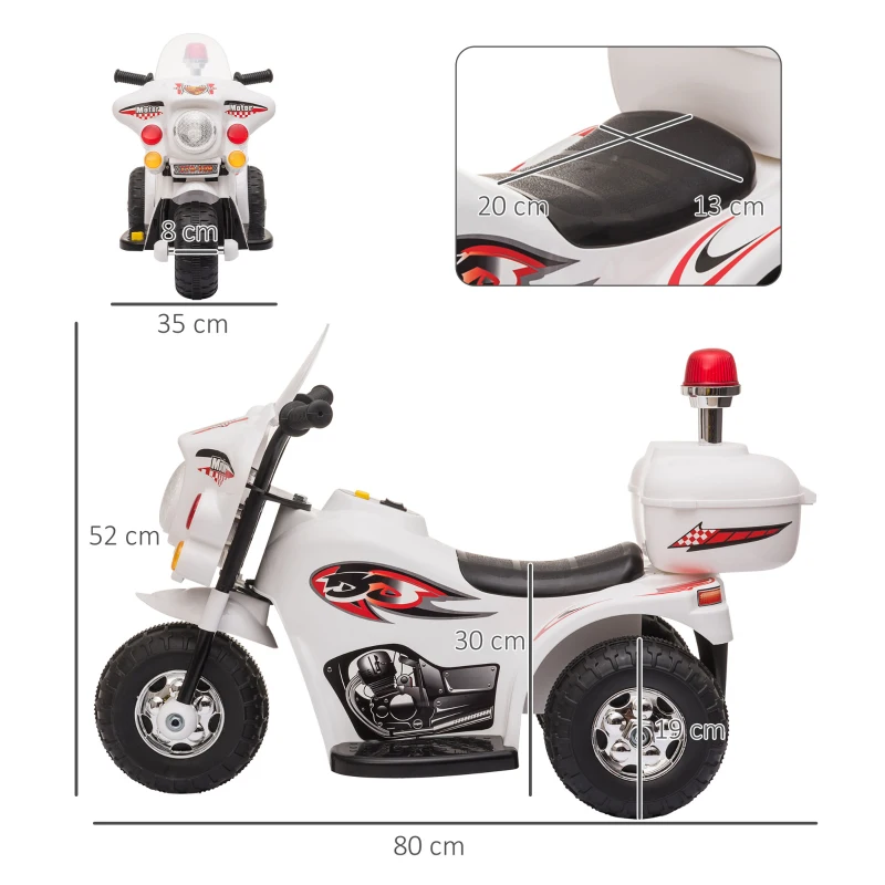 HOMCOM Moto Elettrica 6V per Bambini 18-36 Mesi con 3 Grandi Ruote, Luci e Suoni Realistici, Bianco, 80x35x52cm