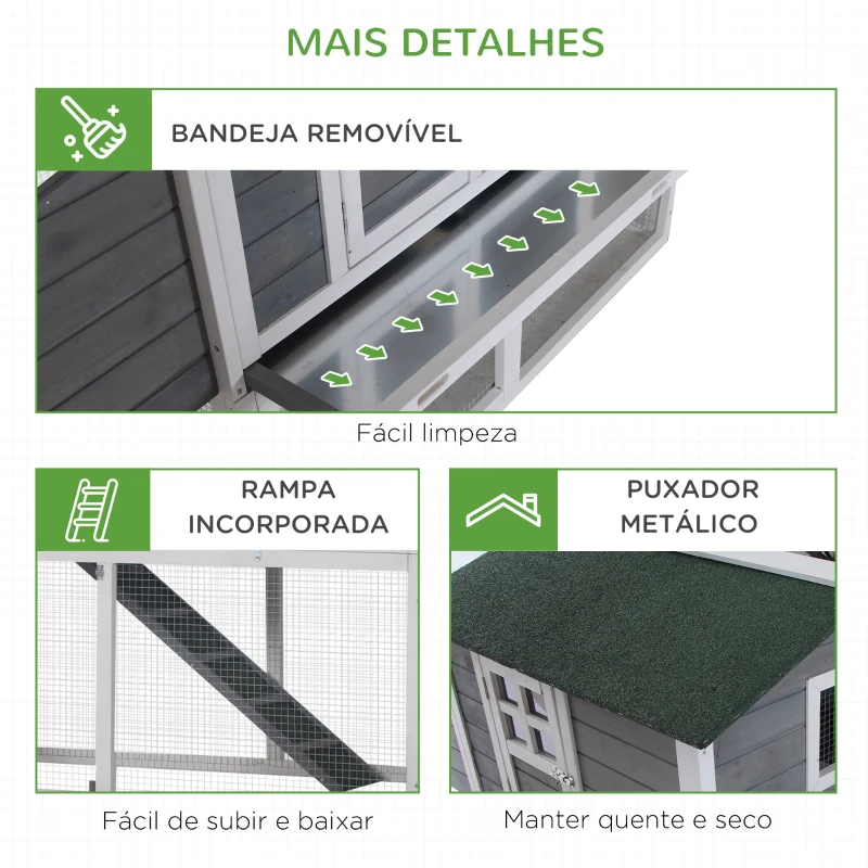 PawHut Galinheiro de madeira com ninho e curral bandeja removível rampa janela 160x80x110 cm cinza e branco