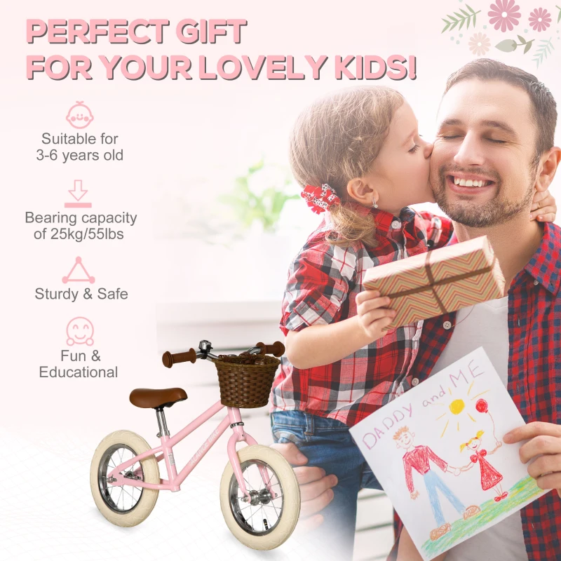 HOMCOM 12 Inch Kids Balance Bike Toddler No Pedal Training Bicycle with Rubber Tires Adjustable Handlebar Basket Bell for 3-6 Year Old Boys Girls, Pink