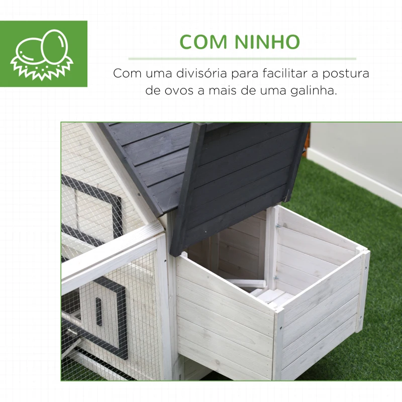 PawHut Galinheiro de Madeira para Exterior Gaiola para Galinhas de 2 Níveis 166x120x112cm com Cercado de Arame Caixa Ninho Bandeja Removível e Rampa Cinza e Branco