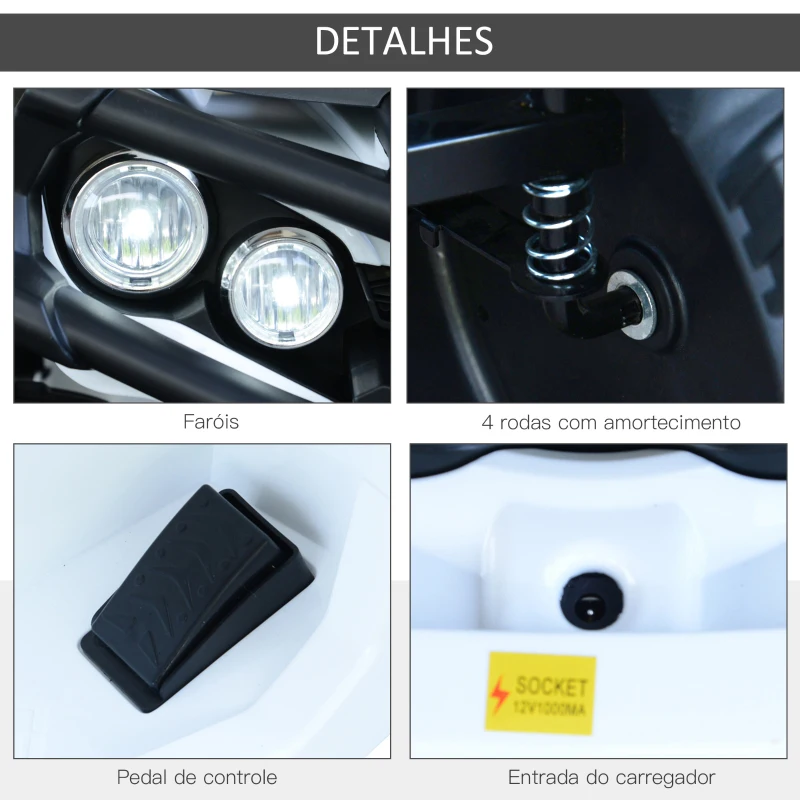 HOMCOM Quadriciclo Elétrico Infantil para Crianças de 3-6 Anos com Bateria 12V MP3 Rádio Luzes Carga Máxima 30kg 103,5x69,5x70cm Branco