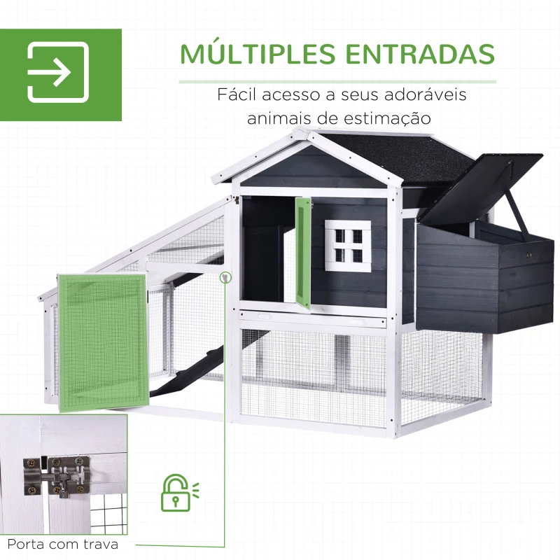 PawHut Galinheiro Exterior de Madeira Gaiola para Galinhas de 2 Níveis com Ninho Zona Aberta Teto Asfáltico Bandeja Removível e Rampa 175,4x95,5x100cm Cinza