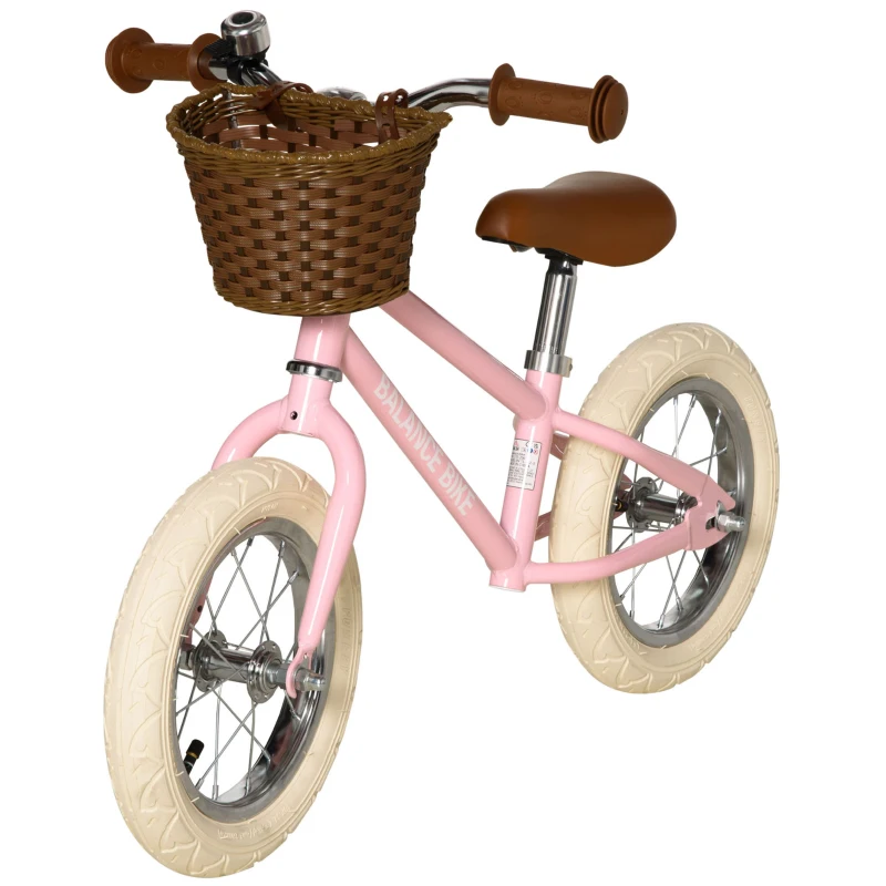 HOMCOM 12 Inch Kids Balance Bike Toddler No Pedal Training Bicycle with Rubber Tires Adjustable Handlebar Basket Bell for 3-6 Year Old Boys Girls, Pink