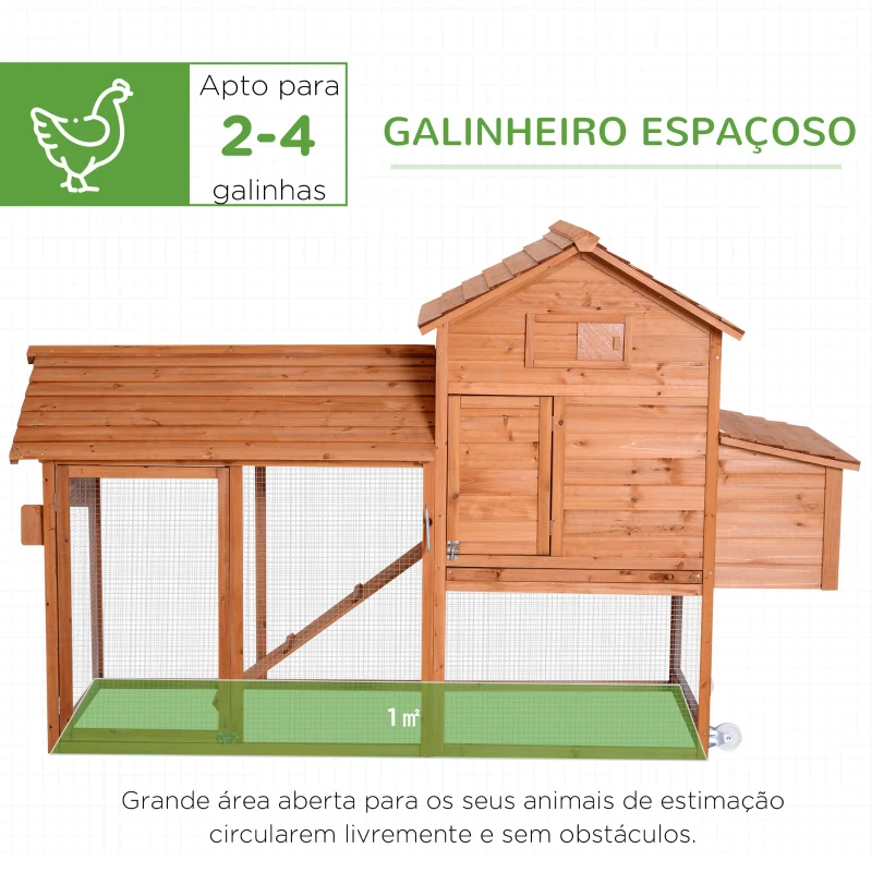 PawHut Galinheiro de Madeira Exterior Gaiola para Galinhas Animais Pequenos com Teto Abatível Caixa Ninho Bandeja Rampa 2 Rodas e 2 Poleiros 213x91x122 cm Madeira