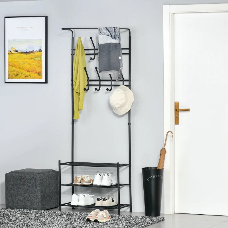 HOMCOM Coat Rack Stand Hall Tree Hallway Furniture with 18 Hooks 3-Tier Shoe Rack Metal Frame for Entryway Bedroom Living Room Black