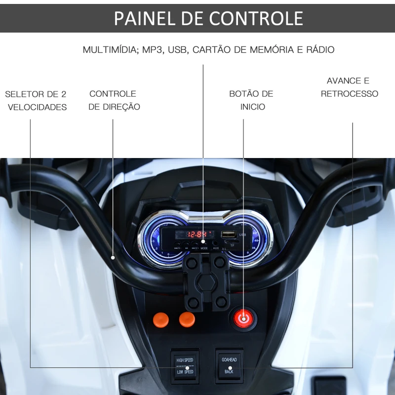 HOMCOM Quadriciclo Elétrico Infantil para Crianças de 3-6 Anos com Bateria 12V MP3 Rádio Luzes Carga Máxima 30kg 103,5x69,5x70cm Branco