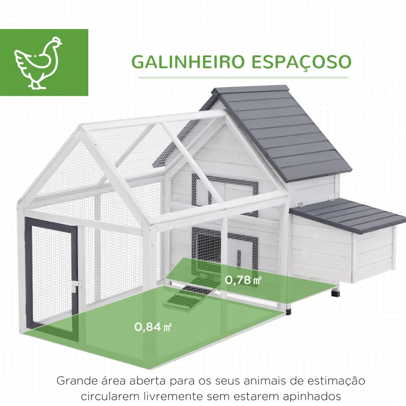 PawHut Galinheiro de Madeira para Exterior Gaiola para Galinhas de 2 Níveis 166x120x112cm com Cercado de Arame Caixa Ninho Bandeja Removível e Rampa Cinza e Branco