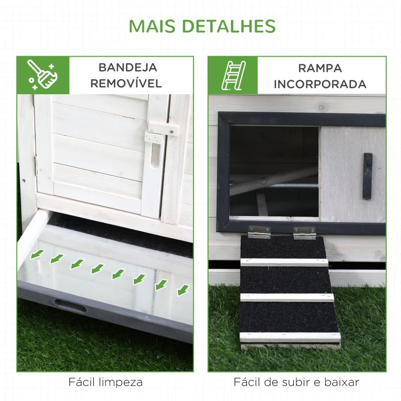 PawHut Galinheiro de Madeira para Exterior Gaiola para Galinhas de 2 Níveis 166x120x112cm com Cercado de Arame Caixa Ninho Bandeja Removível e Rampa Cinza e Branco
