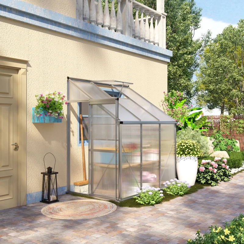 Outsunny 6 X 4ft Walk-In Lean to Greenhouse Garden Heavy Duty Aluminium Polycarbonate with Roof Vent for Plants Herbs Vegetables, Silver