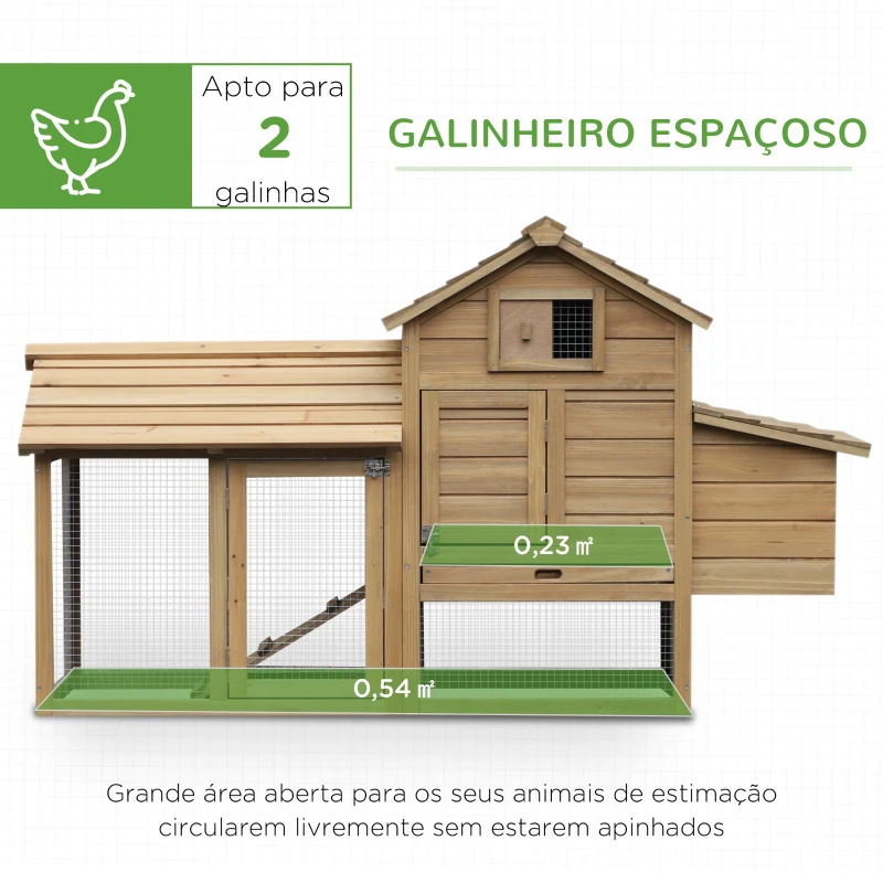 PawHut Galinheiro de Madeira de Abeto para Exterior Gaiola para 2-3 Galinhas com Cercado de Arame Teto Abatível Caixa Ninho Bandeja Removível e Rampa 150,5x54x87cm Natural