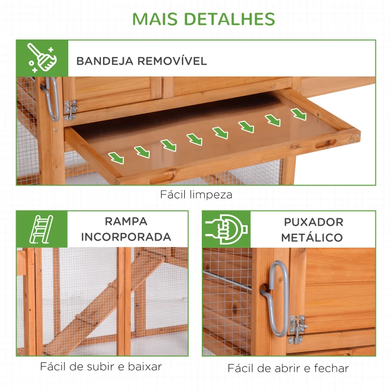 PawHut Galinheiro de Madeira Exterior Gaiola para Galinhas Animais Pequenos com Teto Abatível Caixa Ninho Bandeja Rampa 2 Rodas e 2 Poleiros 213x91x122 cm Madeira