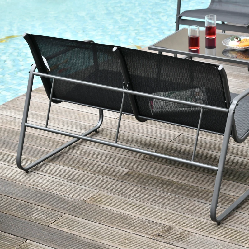Outsunny Set Masă Bancă si 2 Scaune de Gradina din Metal si Textilen Neagra