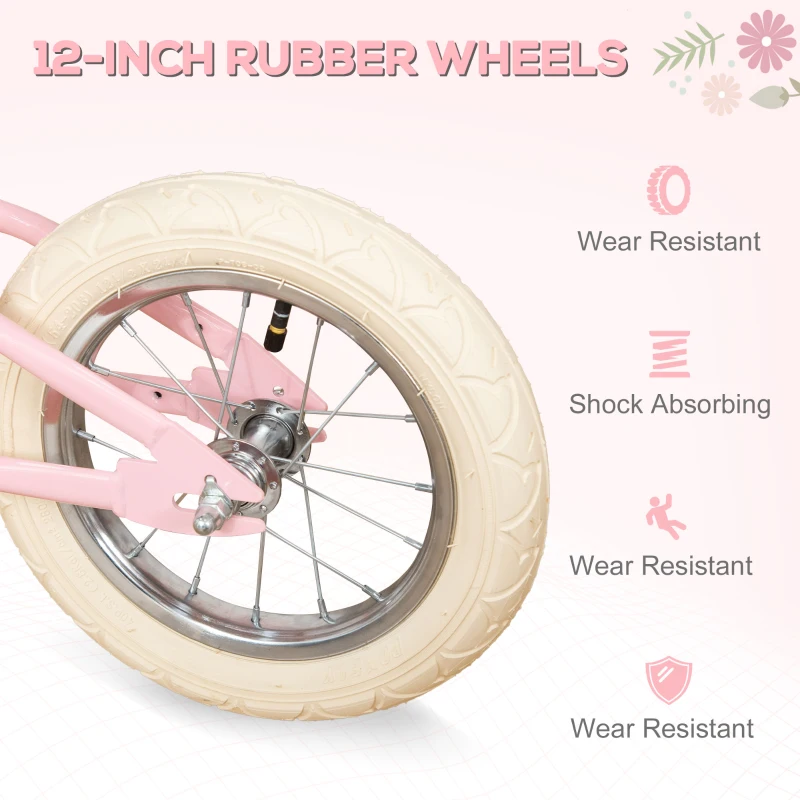 HOMCOM 12 Inch Kids Balance Bike Toddler No Pedal Training Bicycle with Rubber Tires Adjustable Handlebar Basket Bell for 3-6 Year Old Boys Girls, Pink
