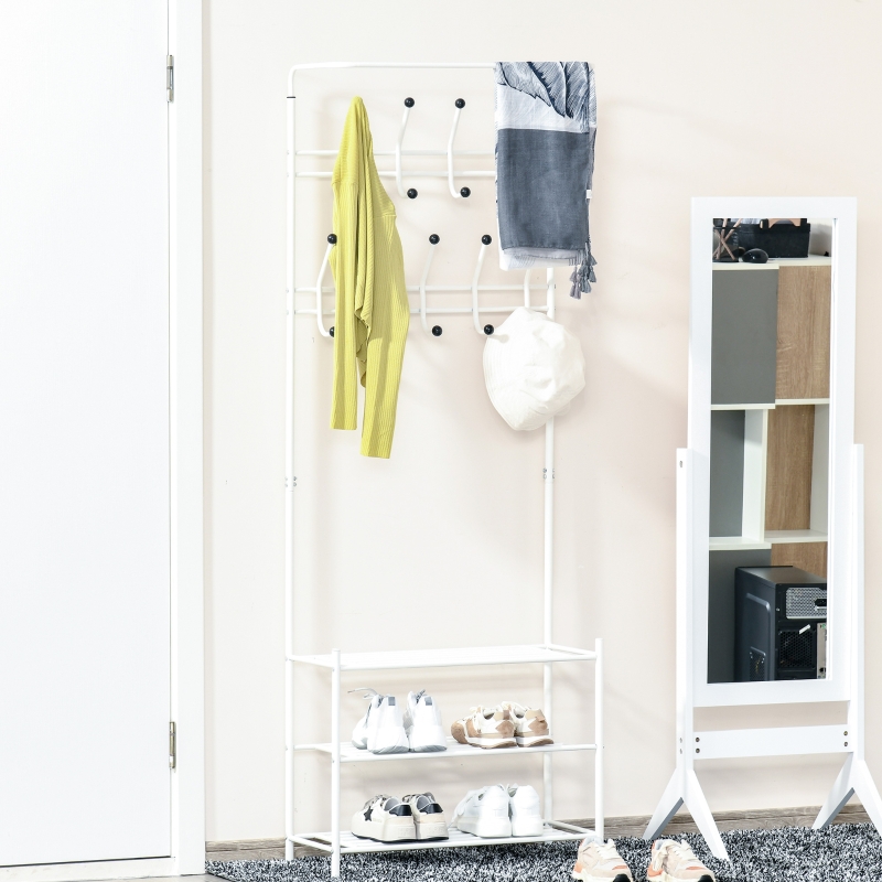 Homcom Entryway Coat Hanger Metal Multi Purpose 18 Hooks 3 Tier Shoes Rack Stand Hat Clothes Organizer Umbrella Stands White Aosom Uk Homcom Entryway Coat Hanger Metal Multi, White Coat Rack With Shelf Childrens