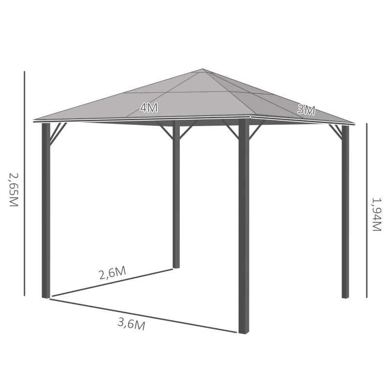 Outsunny 4 x 3(m) Garden Aluminium Gazebo Hardtop Roof Canopy Marquee Party Tent Patio Outdoor Shelter with Mesh Curtains & Side Walls - Grey