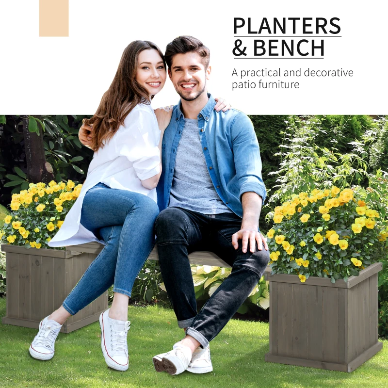 Outsunny Wooden Garden Planter & Bench Combination Garden Raised Bed Patio Park Grey 176 x 38 x 40 cm