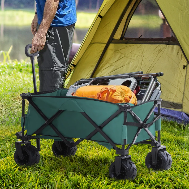 Outsunny Outdoor Pull Along Cart Folding Cargo Wagon Trailer Trolley  for Beach Garden Use with Telescopic Handle, Anti-Slip Wheel - Green