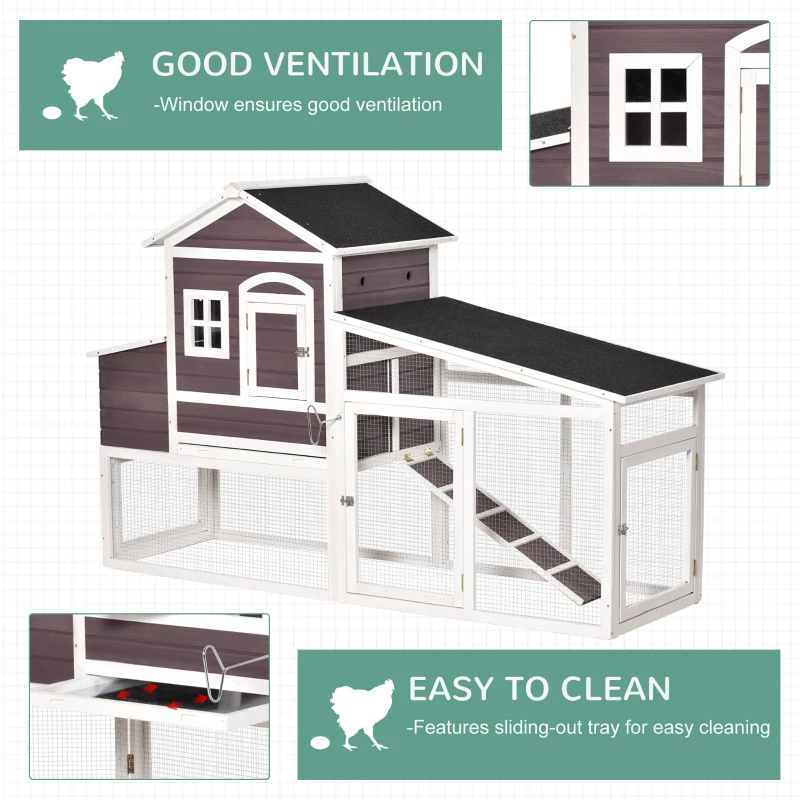 PawHut 200cm Deluxe Chicken Coop Small Animal Rabbit Habitat Hen House with Outdoor Run Resting Nesting Box Removable Tray Waterproof Asphalt Roof Lockable Door