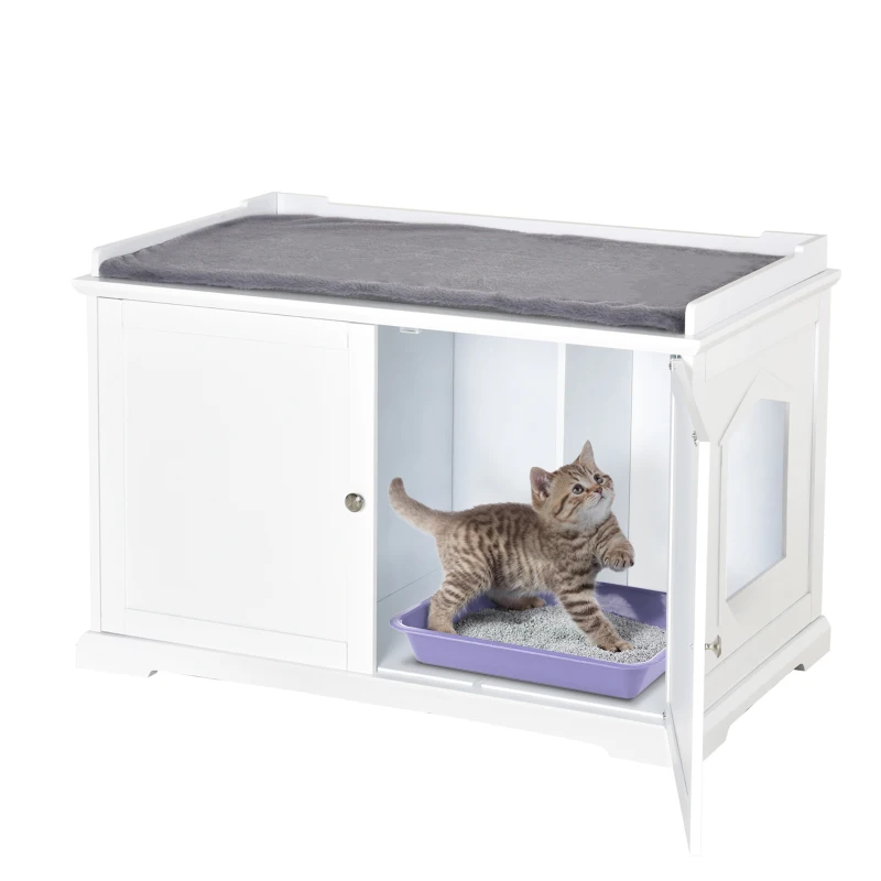 PawHut 95.3 x 54 x 63 cm Wooden Covered Mess Free Cat Litter Box End Table Hideaway Cabinet with Storage for Accessories, White