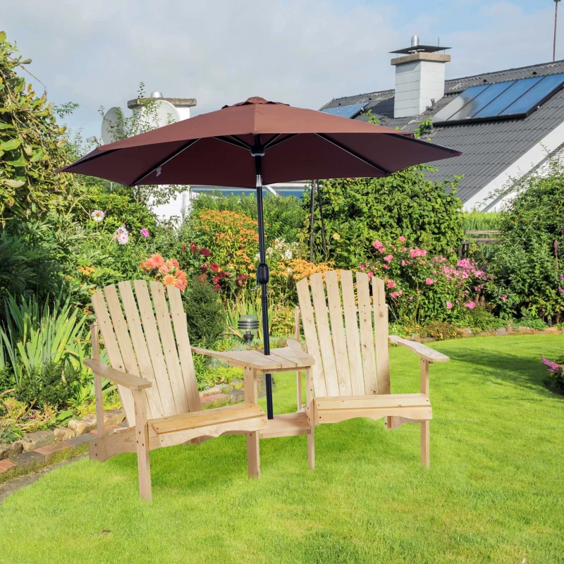 Outsunny Wooden Outdoor Double Adirondack Chairs Loveseat w/ Centre Table and Umbrella Hole, Garden Patio Furniture for Lounging and Relaxing, Natural