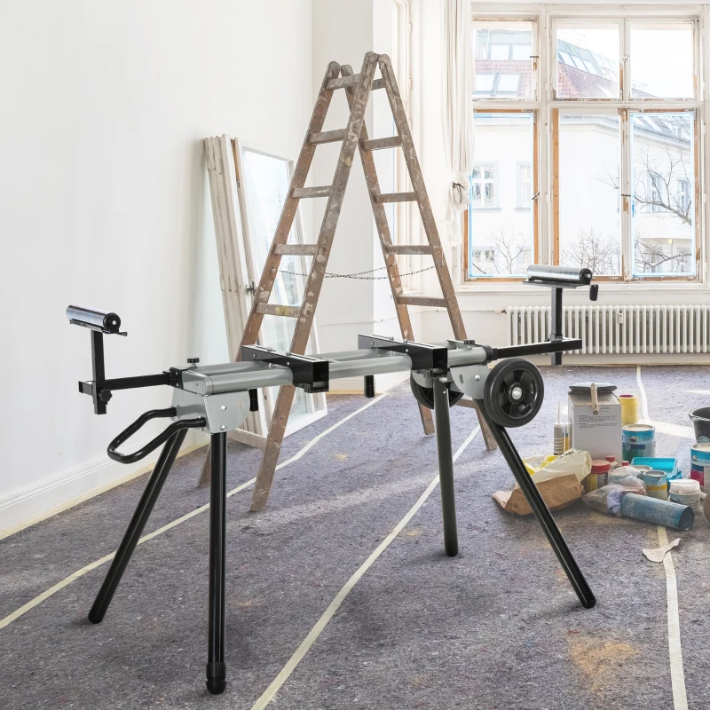 DURHAND Mitre Saw Stand with Extensions, Sawhorse for Cutting Logs, Foldable with Wheels Max Load 150 Kg, Black and Grey
