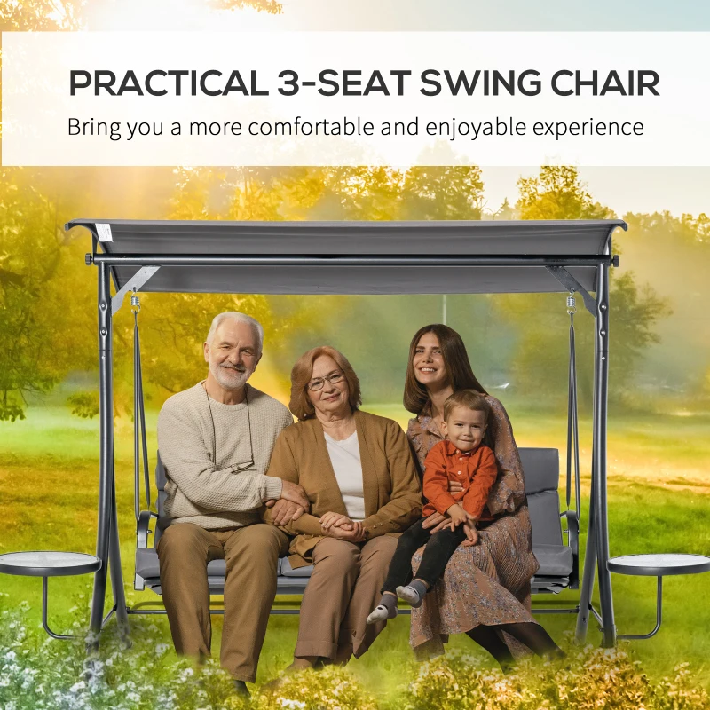 Outsunny 3 Seater Garden Swing Chair with Adjustable Canopy, Cushion and Coffee Tables for Outdoor Patio Garden Grey