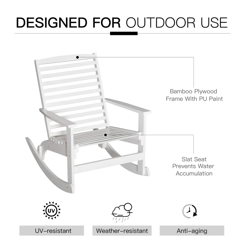 Outsunny Patio Rocking Chair Non-slip Porch Rocker for Balcony Garden Terrace Bamboo Plywood White