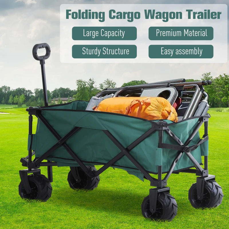 Outsunny Outdoor Pull Along Cart Folding Cargo Wagon Trailer Trolley  for Beach Garden Use with Telescopic Handle, Anti-Slip Wheel - Green