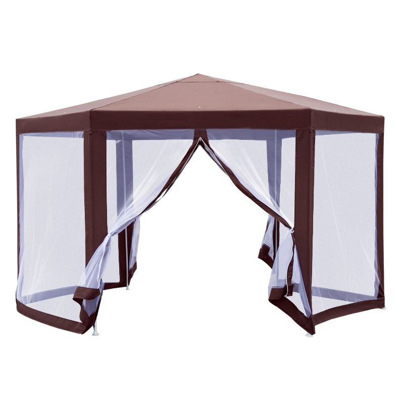 Outsunny Hexagonal Garden Gazebo Patio Party Outdoor Canopy Tent Sun Shelter w/ Mosquito Net Zipped Door - Brown