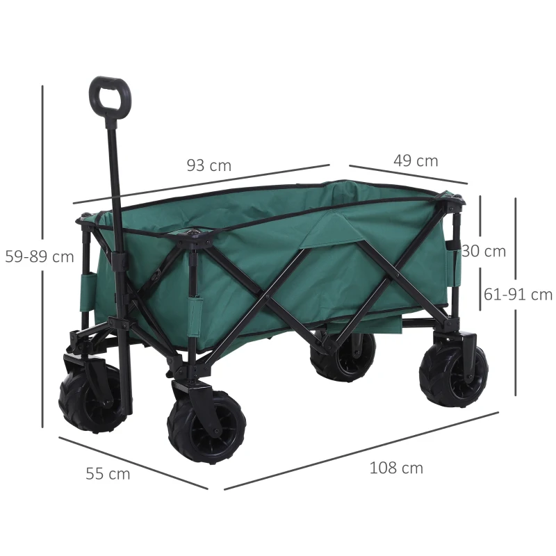 Outsunny Outdoor Pull Along Cart Folding Cargo Wagon Trailer Trolley  for Beach Garden Use with Telescopic Handle, Anti-Slip Wheel - Green