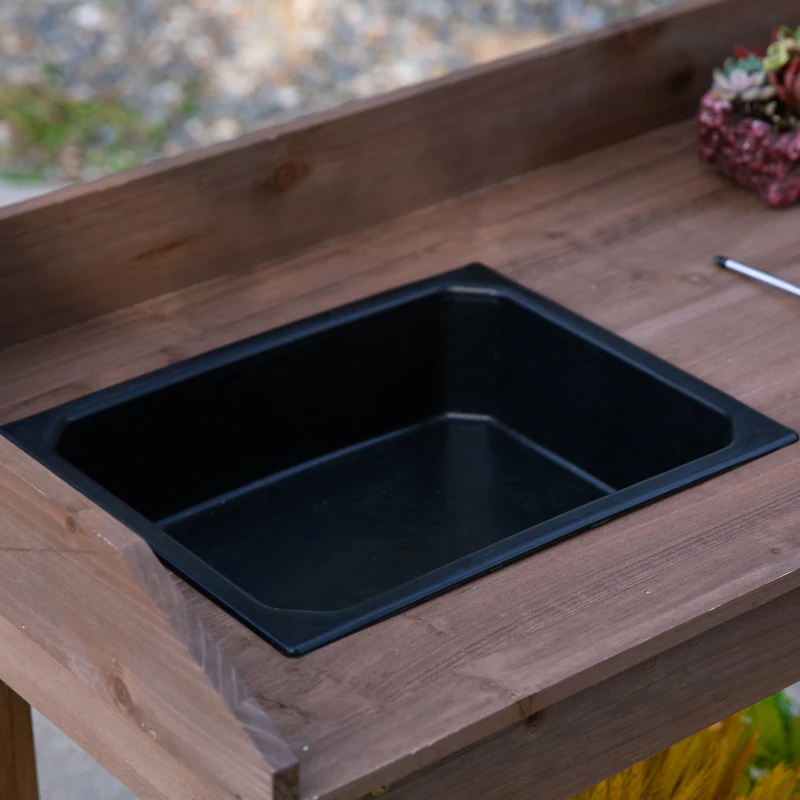 Outsunny 36.25"x17.75"x46.75'' Wooden Potting Bench Table Gardening Plant Workstation Natural Solid Wood with Drawer Sink Hook Open Shelf for Outside Patio Lawn Garden, Brown