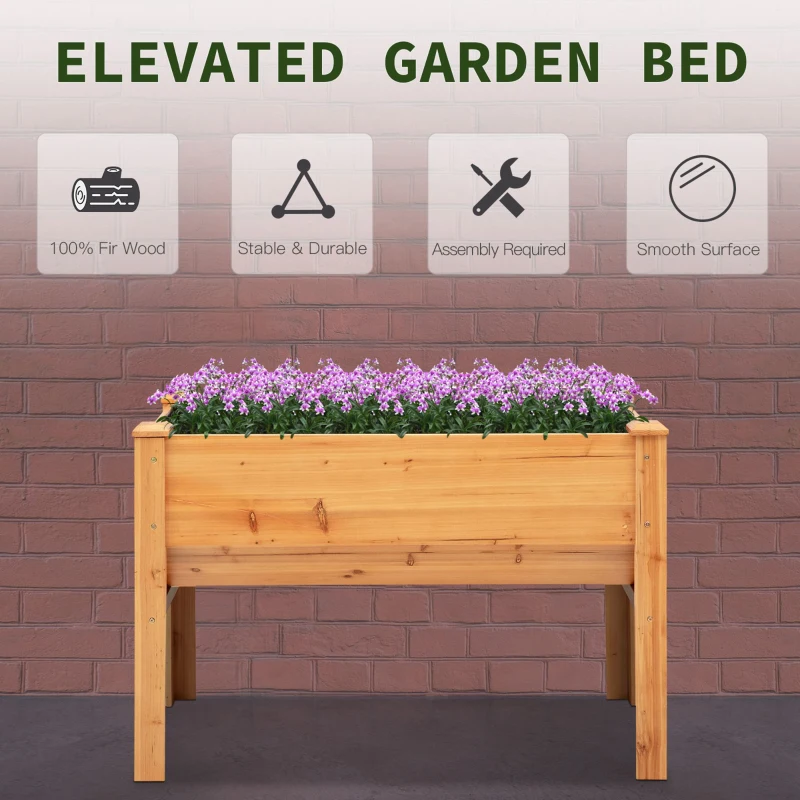 Outsunny 48.75''x23.5''x32'' Wooden Raised Garden Plant Stand Outdoor Tall Flower Bed Box with Hooks, Nature Wood Color