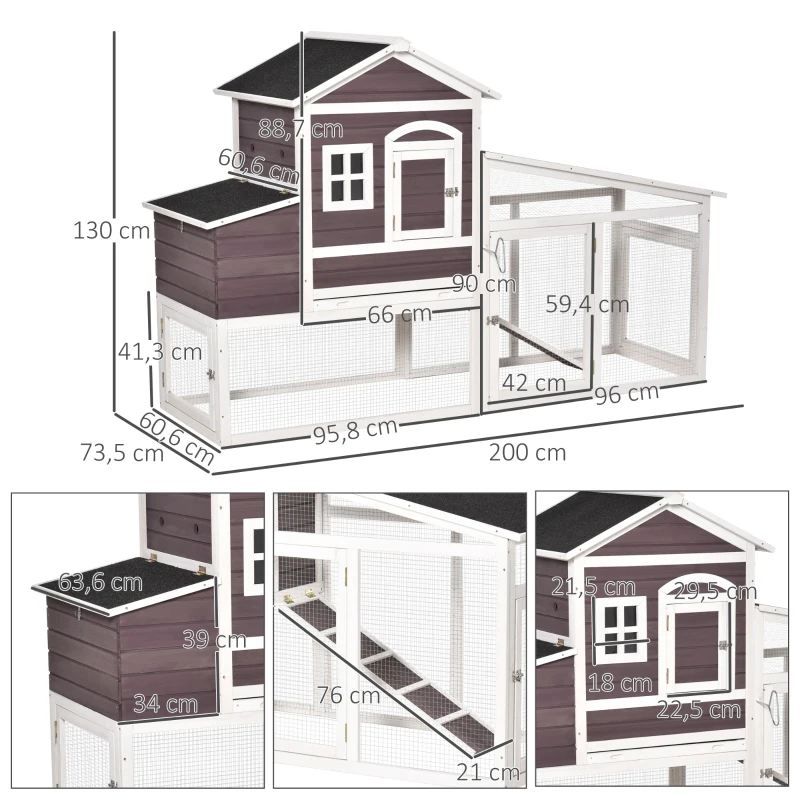 PawHut 200cm Deluxe Chicken Coop Small Animal Rabbit Habitat Hen House with Outdoor Run Resting Nesting Box Removable Tray Waterproof Asphalt Roof Lockable Door