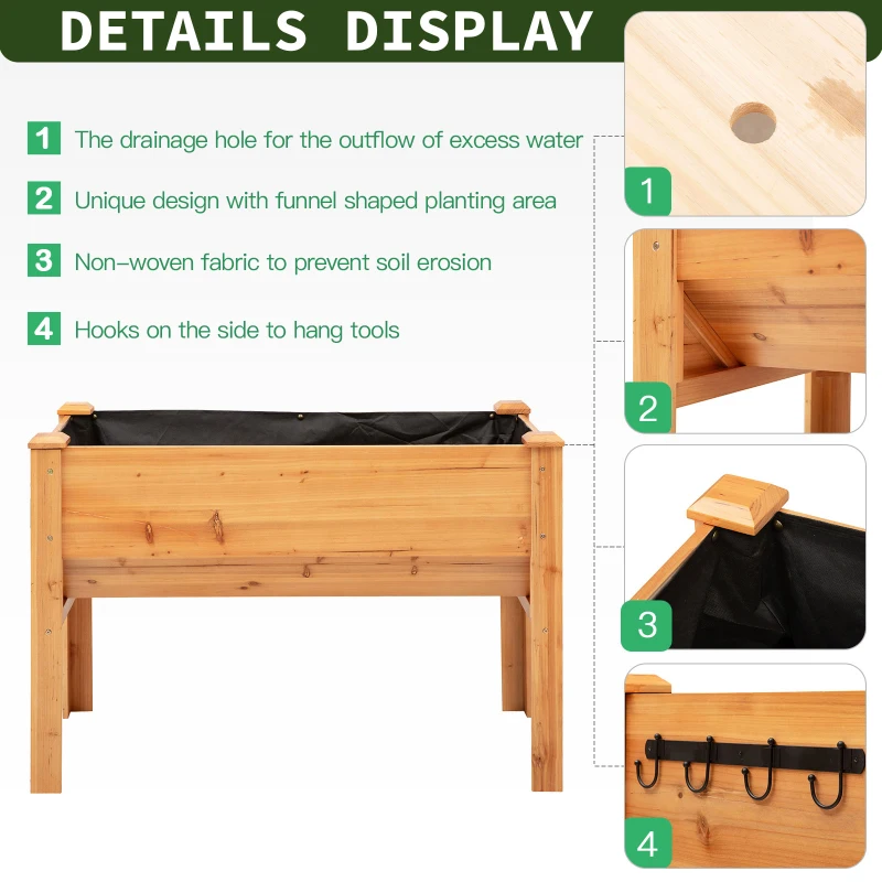 Outsunny 48.75''x23.5''x32'' Wooden Raised Garden Plant Stand Outdoor Tall Flower Bed Box with Hooks, Nature Wood Color