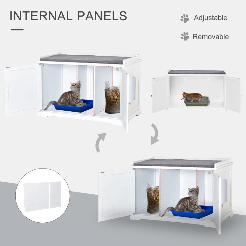 PawHut 95.3 x 54 x 63 cm Wooden Covered Mess Free Cat Litter Box End Table Hideaway Cabinet with Storage for Accessories, White