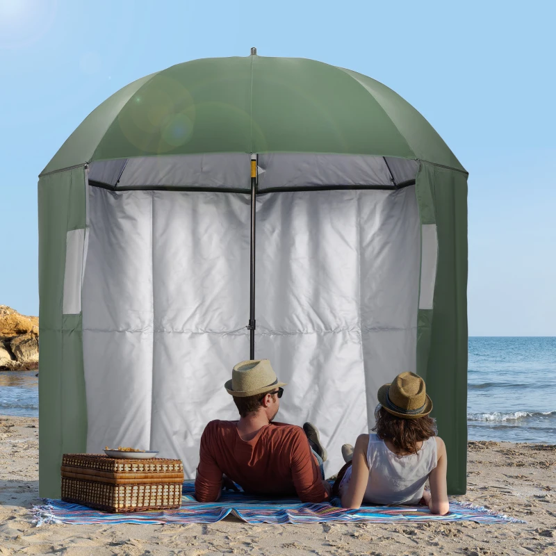 Outsunny 2m Beach Parasol Fishing Umbrella Brolly with Sides and Push Botton Tilt Sun Shade Shelter with Carry Bag, UV30+, Green