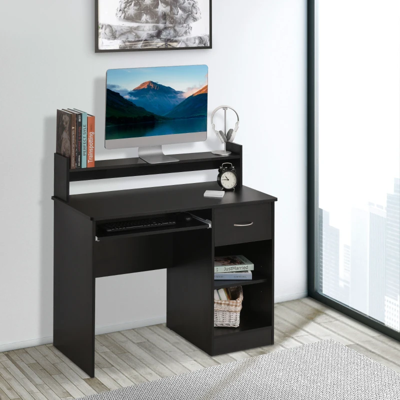 HOMCOM Modern Wooden Computer Desk Workstation with Keyboard Tray, Drawer & Monitor Stand for Home Office, Study